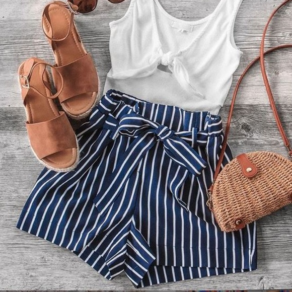 MODA ME COUTURE Pants - SHORTS striped tie pockets ladies womens